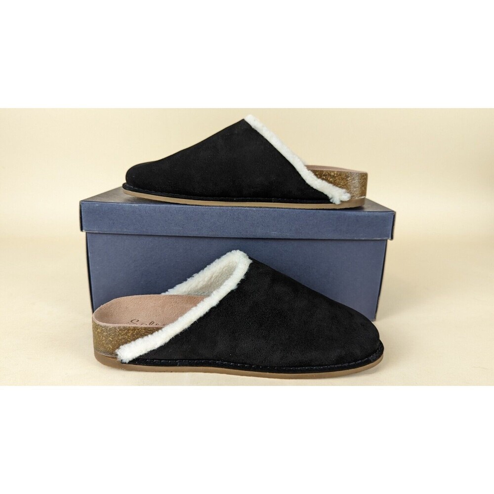 Splendid Cora Mules Slipper Slides Womens 6.5 M Black Suede Fur Trim Shoes NWB